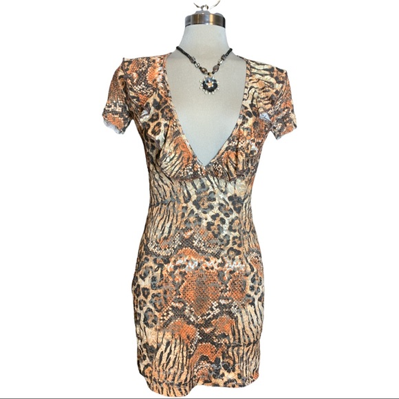 Leopard Semitransparent Brown Orange and beige Colours  Mini Dress Size M - Picture 3 of 16